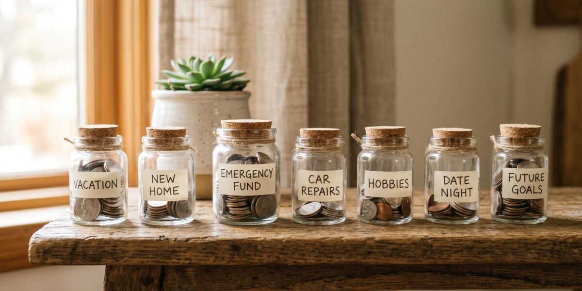 Several small labeled glass jars of coins on a shelf, sinking funds for different goals