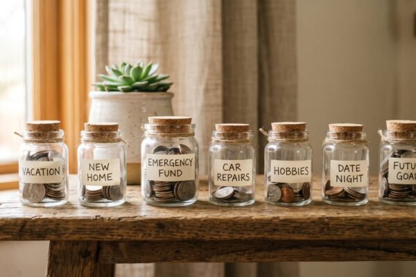 Several small labeled glass jars of coins on a shelf, sinking funds for different goals