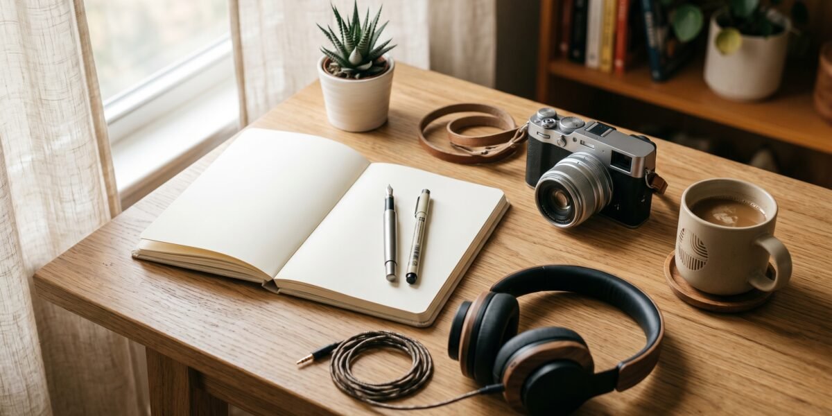 Flat-lay of creative work tools — notebook, pens, camera, headphones and coffee — for launching a blog