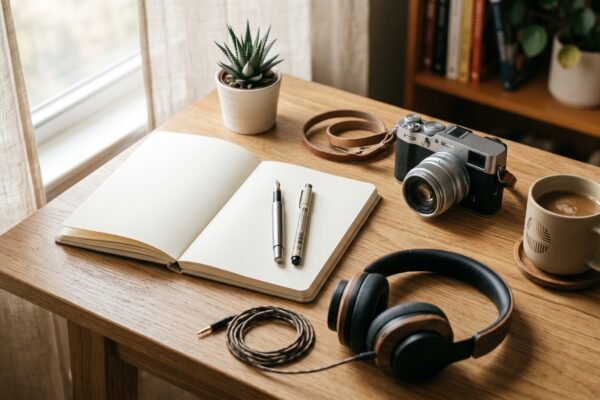 Flat-lay of creative work tools — notebook, pens, camera, headphones and coffee — for launching a blog