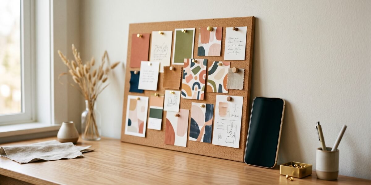 Corkboard with colorful pinned cards like a mood board beside a smartphone, Pinterest for affiliate marketing