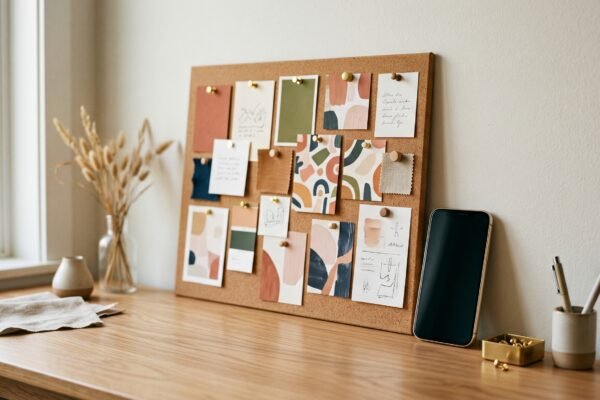 Corkboard with colorful pinned cards like a mood board beside a smartphone, Pinterest for affiliate marketing