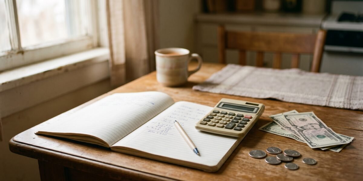 Modest kitchen table with a notebook, calculator, a few bills and coins, budgeting on a low income