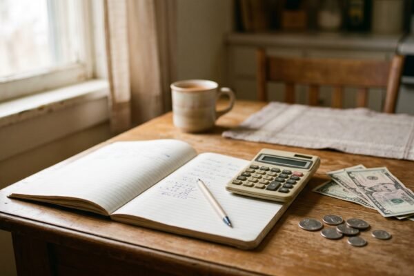 Modest kitchen table with a notebook, calculator, a few bills and coins, budgeting on a low income