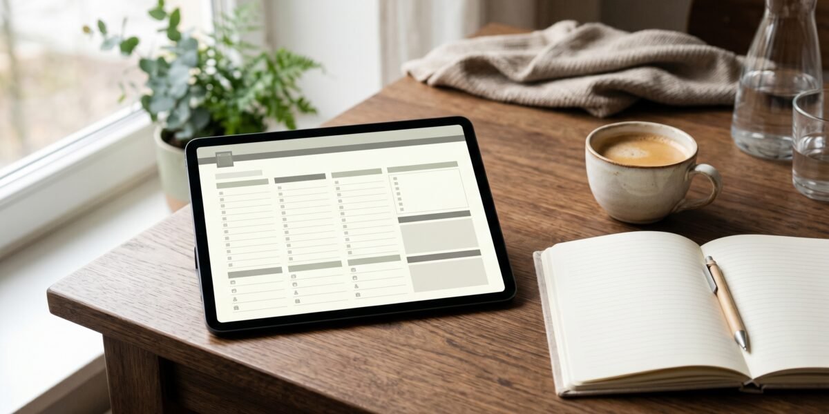 Tablet showing a clean minimalist template layout beside a notebook and coffee, selling digital templates