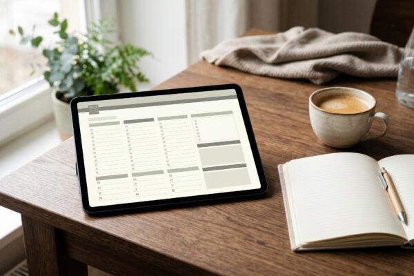 Tablet showing a clean minimalist template layout beside a notebook and coffee, selling digital templates