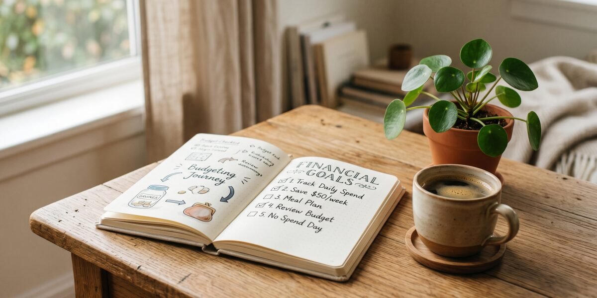 Open notebook with a motivational checklist, coffee and a small plant, the mindset to stick to a budget