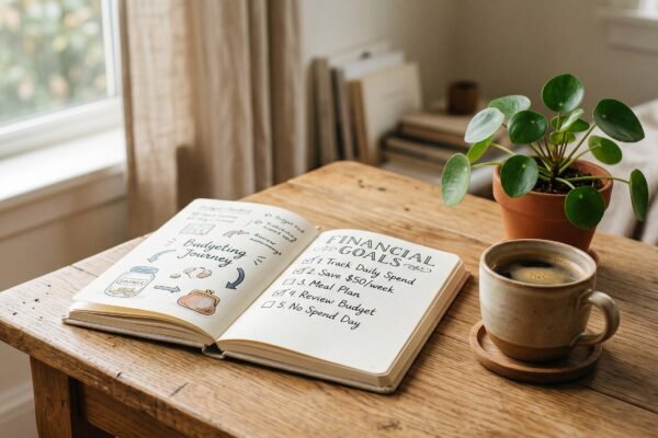 Open notebook with a motivational checklist, coffee and a small plant, the mindset to stick to a budget