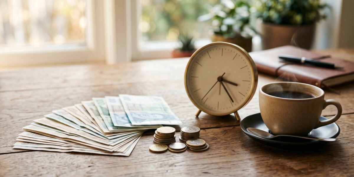 Fan of cash and a stack of coins beside a desk clock and coffee, earning $100 a day from a side hustle