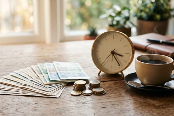 Fan of cash and a stack of coins beside a desk clock and coffee, earning $100 a day from a side hustle