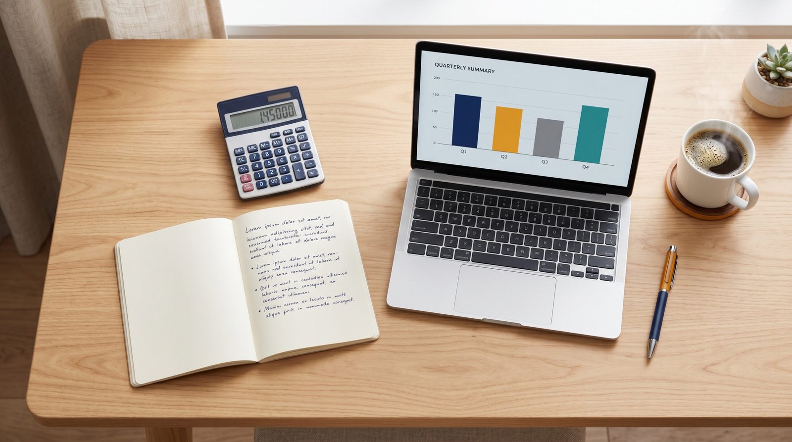 A notebook, calculator and laptop used to list every debt, balance and interest rate in one place