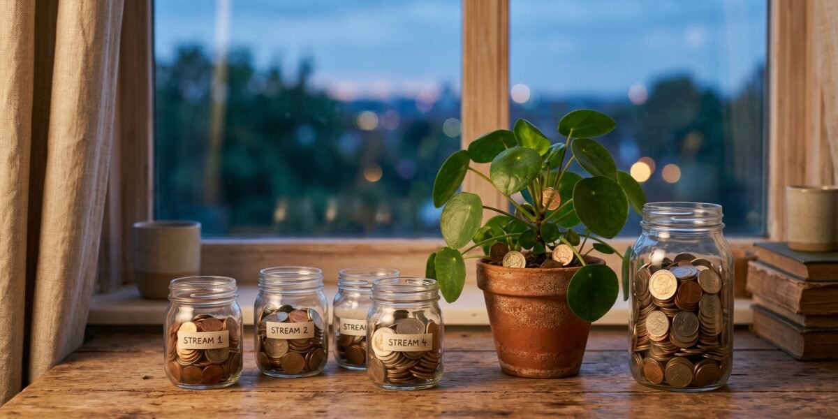 Several glass jars filling with coins beside a money plant near a window at dusk, building passive income