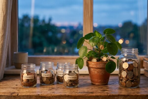 Several glass jars filling with coins beside a money plant near a window at dusk, building passive income