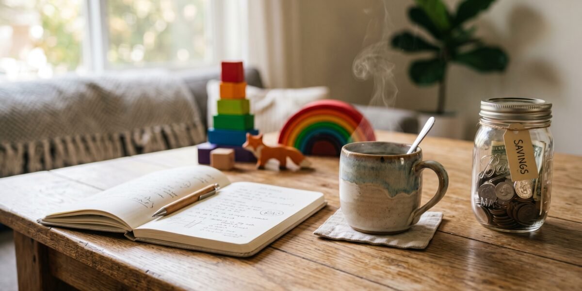 Cozy home table with coffee, a notebook, blurred children's toys and a jar of coins, flexible income for moms