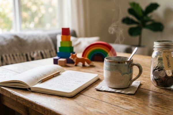 Cozy home table with coffee, a notebook, blurred children's toys and a jar of coins, flexible income for moms