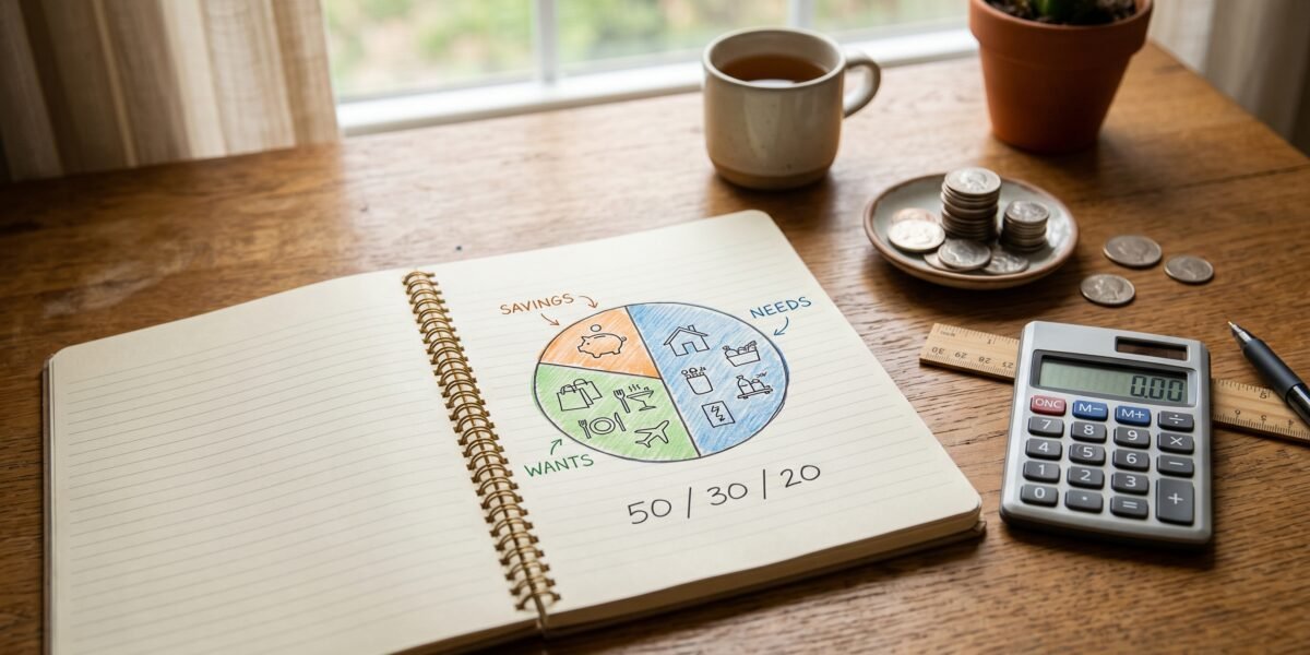 Open notebook with a hand-drawn three-segment pie chart, coins and a calculator, the 50/30/20 budget rule