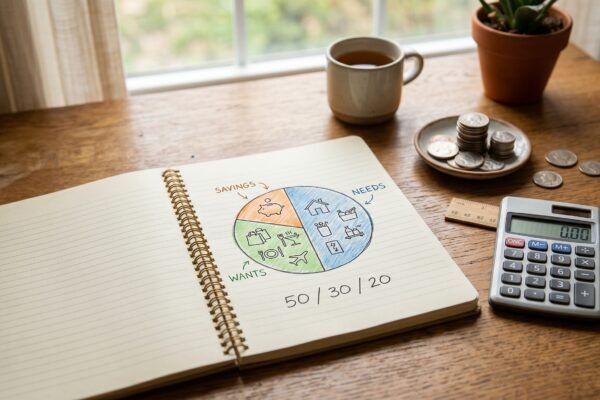 Open notebook with a hand-drawn three-segment pie chart, coins and a calculator, the 50/30/20 budget rule