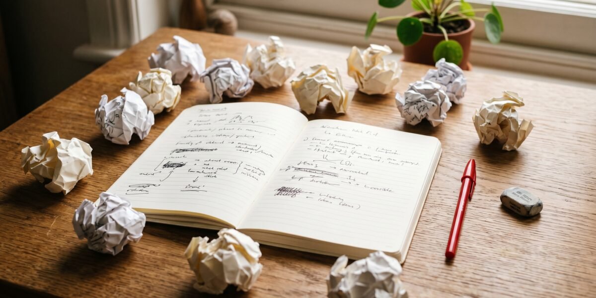 Crumpled paper balls around an open notebook with a red pen and eraser, learning from blogging mistakes