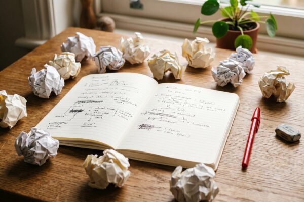 Crumpled paper balls around an open notebook with a red pen and eraser, learning from blogging mistakes
