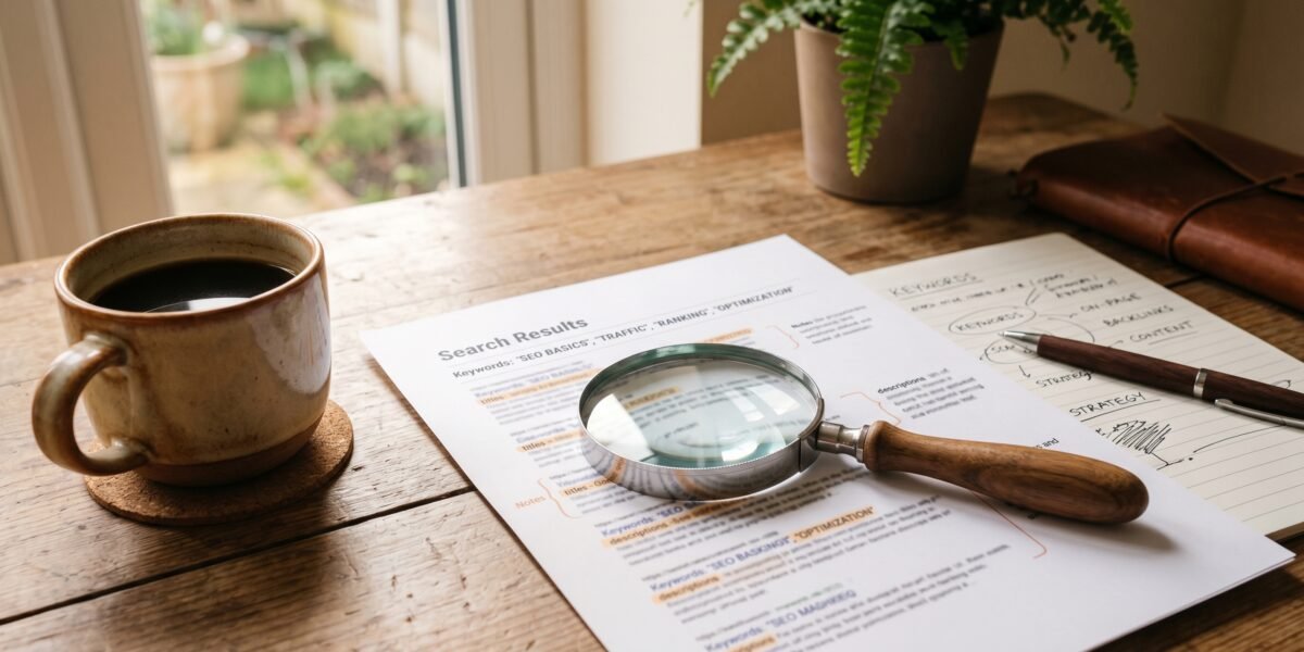 Magnifying glass over printed search results and keyword notes with a coffee cup, SEO basics