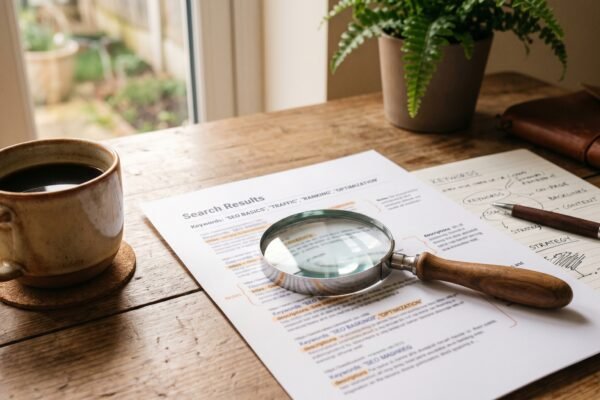 Magnifying glass over printed search results and keyword notes with a coffee cup, SEO basics