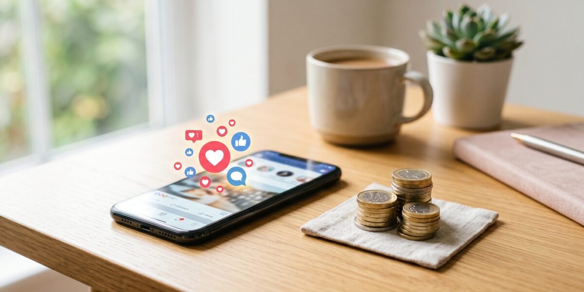 Smartphone showing social media engagement icons beside a stack of coins, boosting affiliate income