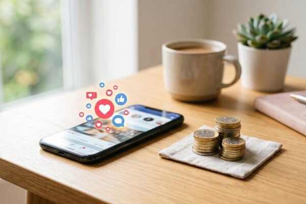 Smartphone showing social media engagement icons beside a stack of coins, boosting affiliate income