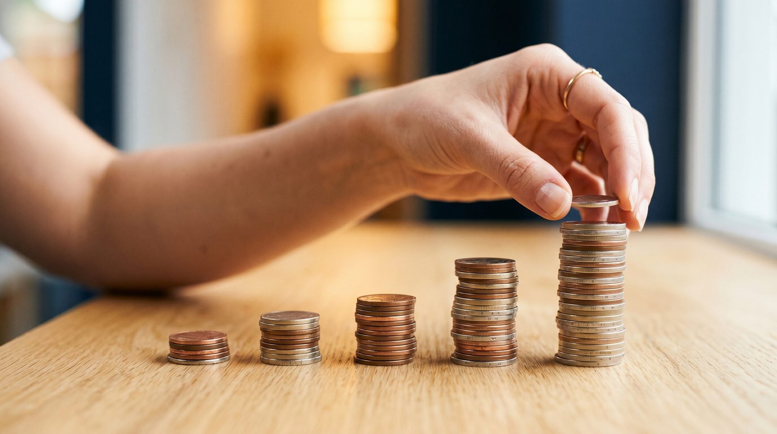 A hand stacking coins into progressively larger piles, illustrating how the debt snowball payment grows as each balance is paid off
