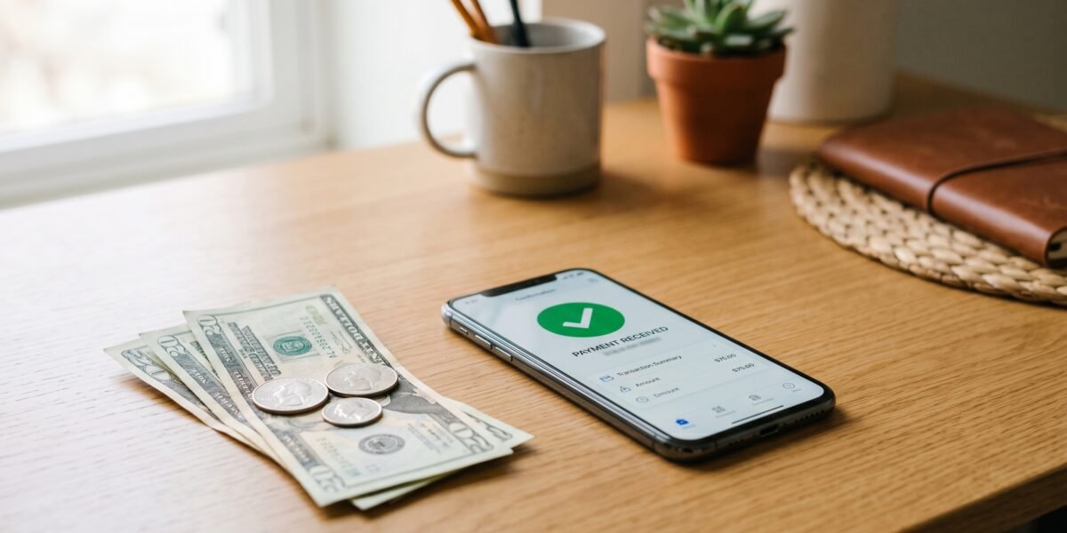 Smartphone showing a payment-received checkmark beside bills and coins, accepting payments online