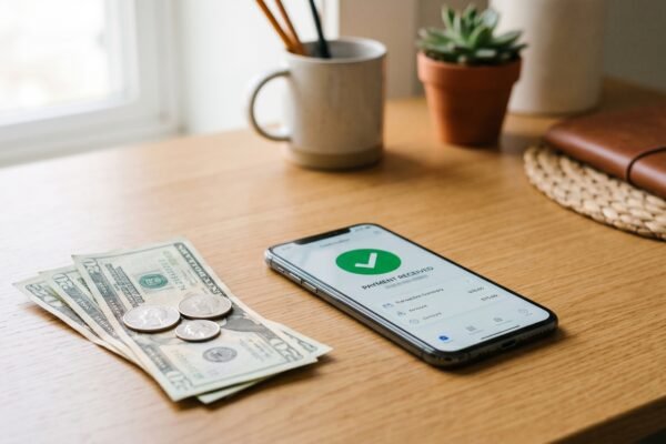 Smartphone showing a payment-received checkmark beside bills and coins, accepting payments online