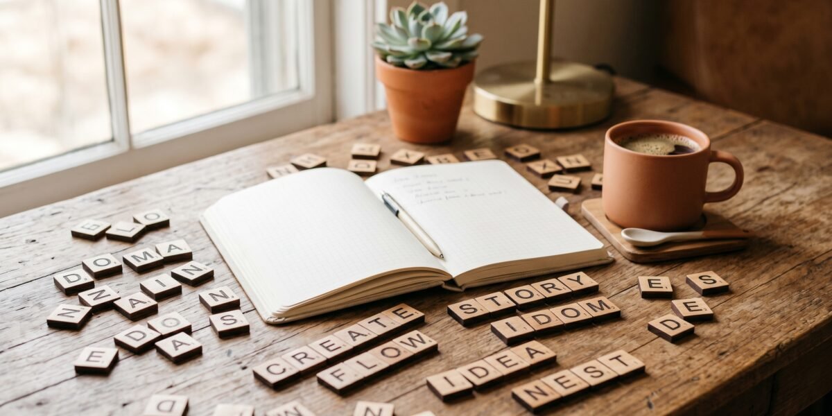 Wooden letter tiles scattered beside a notebook and coffee, brainstorming a domain name