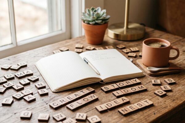 Wooden letter tiles scattered beside a notebook and coffee, brainstorming a domain name