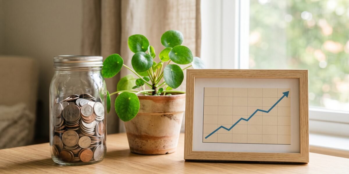 Glass jar full of coins beside a growing green plant and an upward line chart, representing investing for passive income