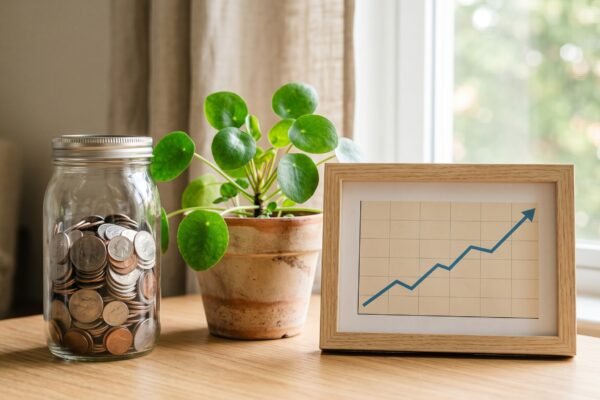 Glass jar full of coins beside a growing green plant and an upward line chart, representing investing for passive income