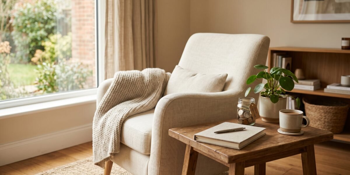Cozy sunlit home corner with an armchair, notebook, potted plant and a jar of coins