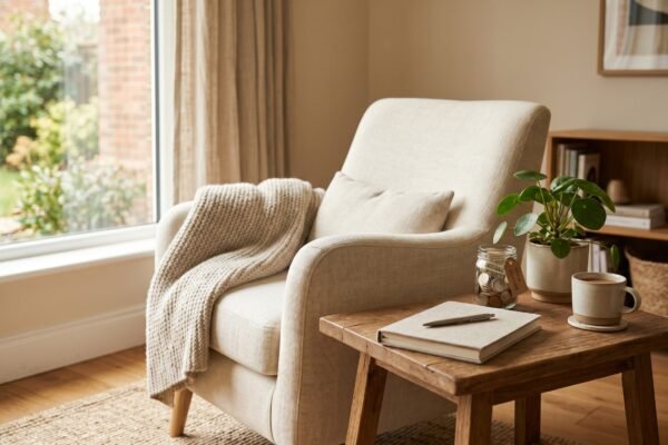 Cozy sunlit home corner with an armchair, notebook, potted plant and a jar of coins