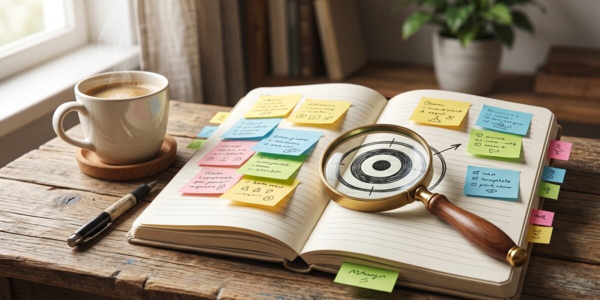 Notebook with colorful sticky notes and a magnifying glass over a hand-drawn target, brainstorming a blog niche