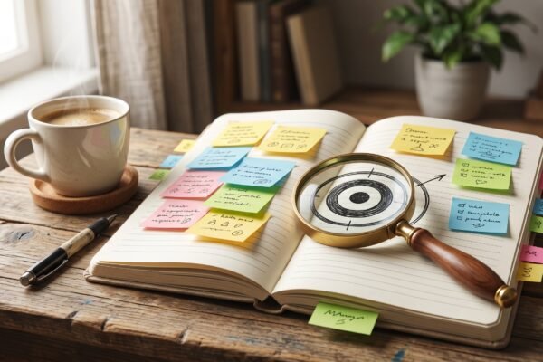 Notebook with colorful sticky notes and a magnifying glass over a hand-drawn target, brainstorming a blog niche