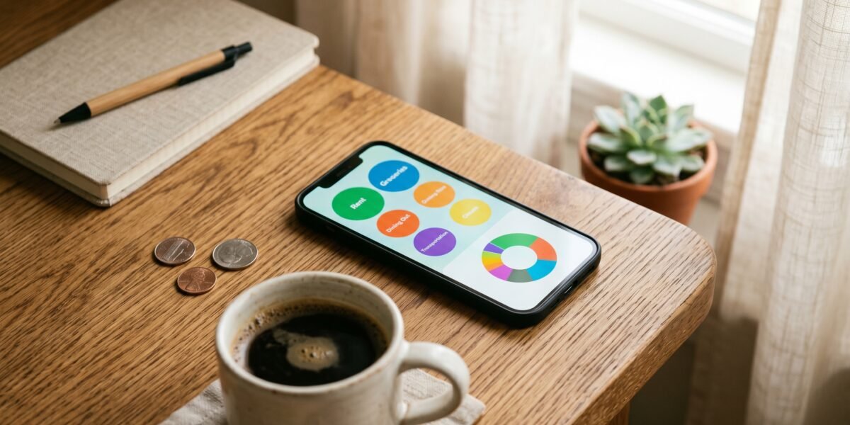 Smartphone showing colorful budget category circles and a pie chart beside coins and coffee, a budgeting app