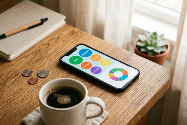 Smartphone showing colorful budget category circles and a pie chart beside coins and coffee, a budgeting app
