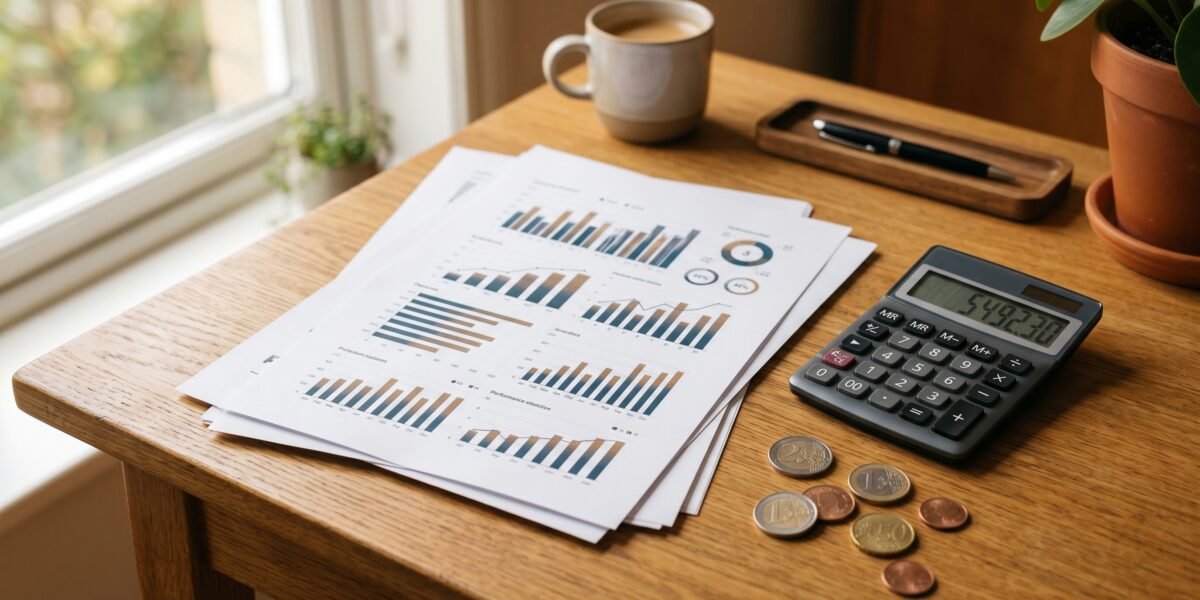 Printed analytics dashboards and bar charts with a calculator and coins, tracking affiliate earnings