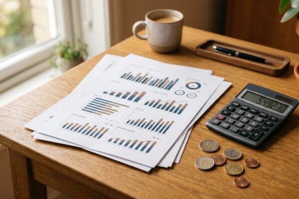 Printed analytics dashboards and bar charts with a calculator and coins, tracking affiliate earnings