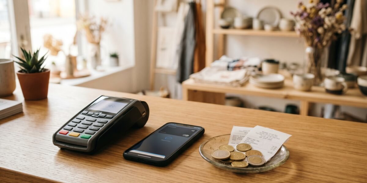 Card payment terminal and a smartphone with receipts and coins on a counter, small business payment processing