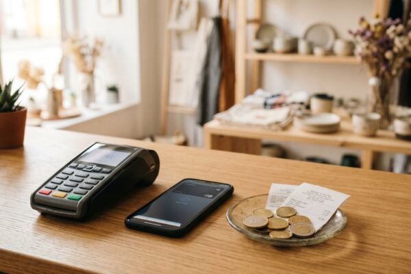 Card payment terminal and a smartphone with receipts and coins on a counter, small business payment processing