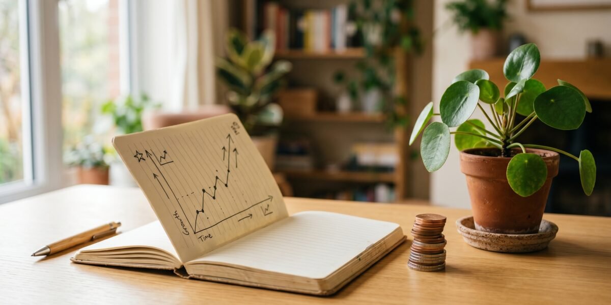 Open notebook with a hand-drawn growth chart beside coins and a potted plant, monetizing a blog