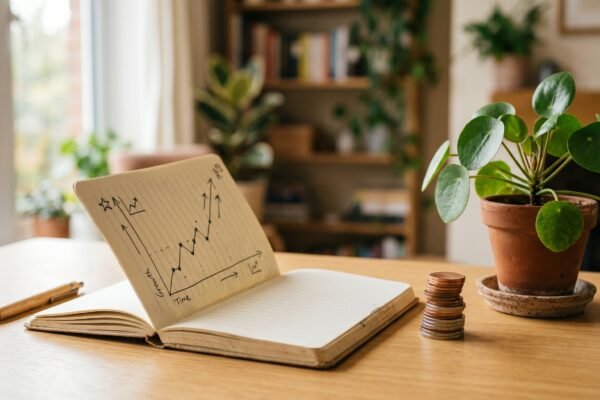 Open notebook with a hand-drawn growth chart beside coins and a potted plant, monetizing a blog