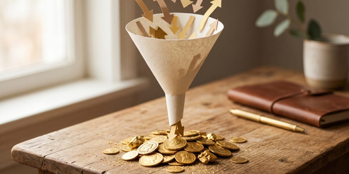 Paper funnel with arrows flowing into a pile of gold coins, driving traffic to affiliate links