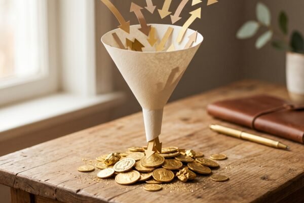 Paper funnel with arrows flowing into a pile of gold coins, driving traffic to affiliate links