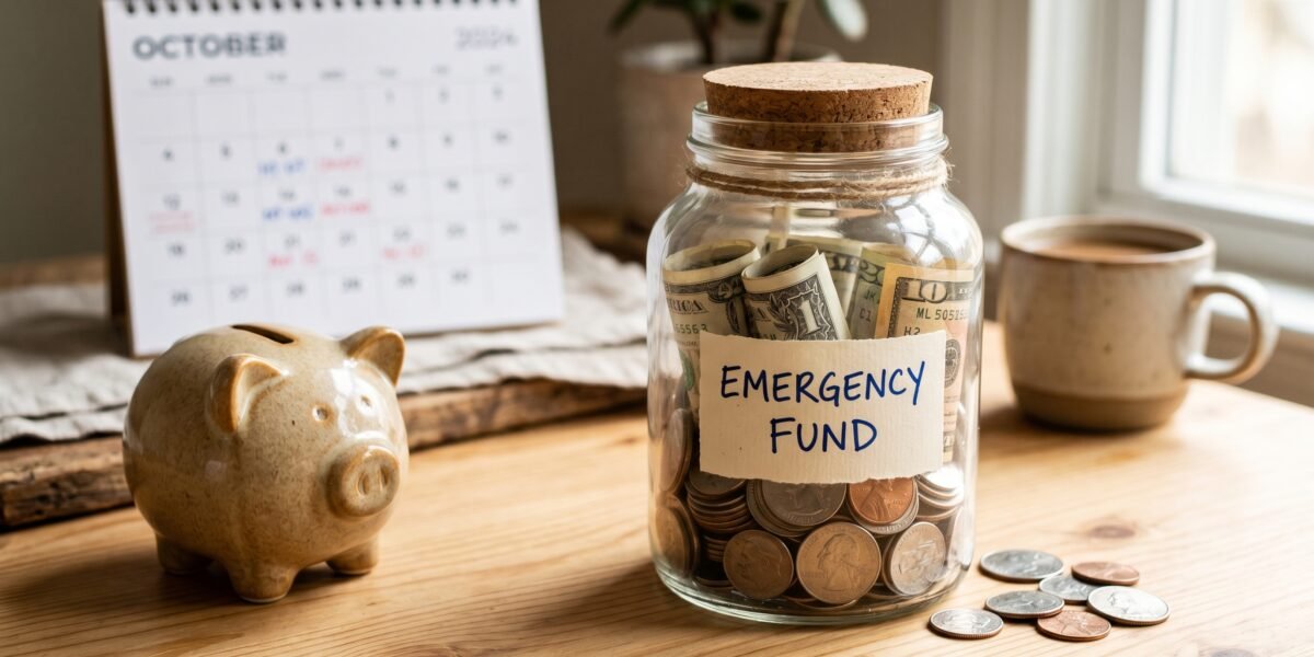 Photo-style sample: a glass jar of coins and cash with a piggy bank and emergency fund label on a wooden table