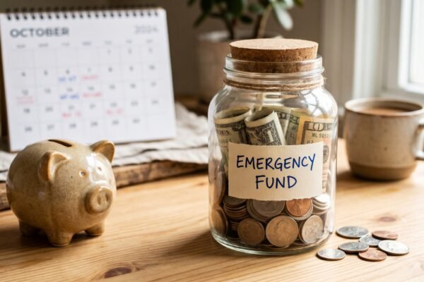 Photo-style sample: a glass jar of coins and cash with a piggy bank and emergency fund label on a wooden table
